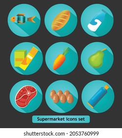 Colorful detailed icons of supermarket products