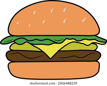 A colorful and detailed illustration of a classic cheeseburger, featuring melted cheese, fresh lettuce, and a beef patty, perfect for food-related designs, culinary presentations, or recipe content.