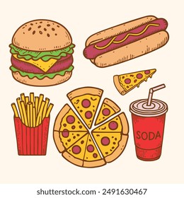 A colorful and detailed illustration of classic fast food items including a burger, hotdog, pizza slices, fries, and a soda cup. Perfect for themes related to food, dining, fast food culture