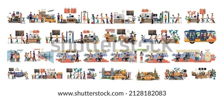 Colorful detailed illustrations of basic airport situations. The family is being checked at the airport and customs.
