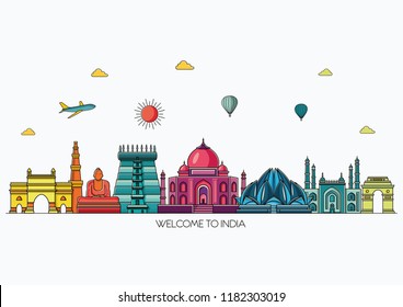 	
Colorful detailed India skyline. Travel and tourism background. Vector illustration