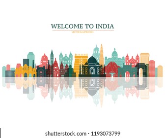 Colorful detailed India skyline. Travel and tourism background. Vector illustration