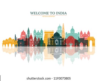 Colorful detailed India skyline. Travel and tourism background. Vector illustration