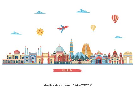 	
Colorful detailed India skyline. Travel and tourism background. Holy, diwali, festival of lights. Vector illustration