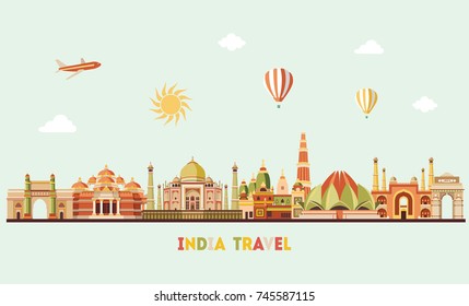 Colorful detailed India skyline. Travel and tourism background. Vector illustration