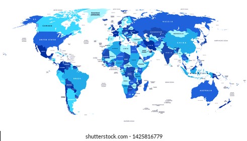 Colorful detailed political world map with names of countries, oceans, bays and islands, on an isolated background