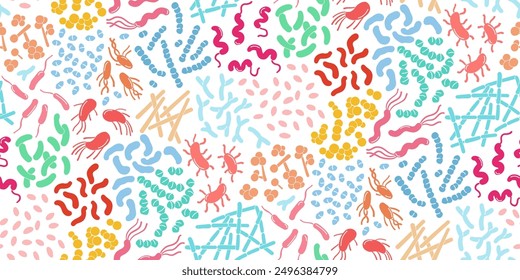 Colorful and detailed seamless pattern showcasing different bacteria and probiotics