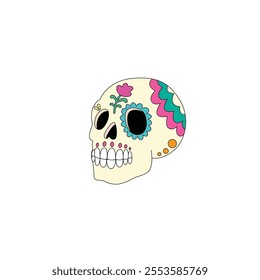 A colorful and detailed vector illustration of a calavera (sugar skull), inspired by Día de los Muertos (Day of the Dead) traditions. The design features intricate patterns, bright colors, and floral 