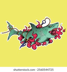 Colorful and detailed vector illustration of tattoo, cartoon, sticker style shark trapped by harpoon