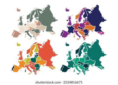 Colorful detailed vector map of the European country.Map of Europe in colors of rainbow spectrum.
