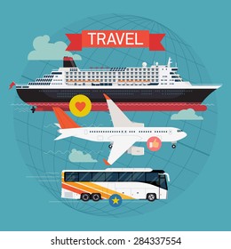 Colorful detailed visual on travel with transatlantic cruiser ship, jet airliner and coach bus | Transport vehicles and vessels on travel and vacation | Travel by sea, roads and sky