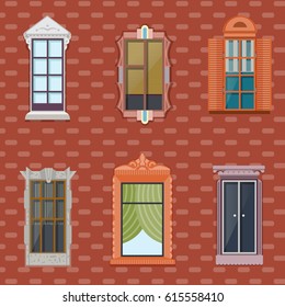 Colorful detailed windows flat set of different architecture and construction on brick wall background vector illustration