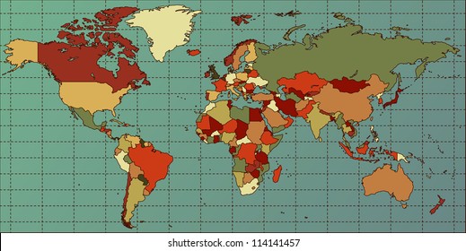 Colorful and Detailed World Map with all Countries. Cartography collection. Vector illustration. Easy to edit.