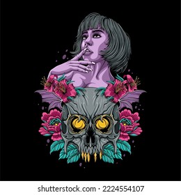 Colorful Devil skull with girl on top with flowers and leaves all around for t shirt design