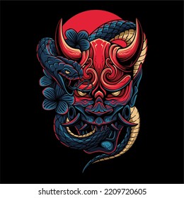 Colorful The devils mask and snake wrapped around it circle background for t shirt design