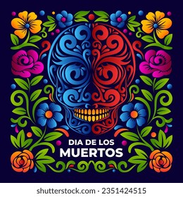 Colorful Dia de los Muertos sugar skull with floral decoration, Day of the dead badge or background