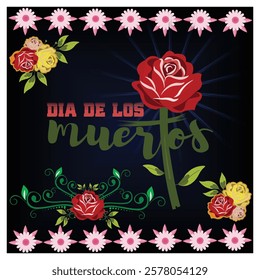 Colorful Dia de los Muertos artwork featuring decorative roses and flowers on a dark background. A symbolic cultural representation with a bright floral design. Flat vector modern illustration