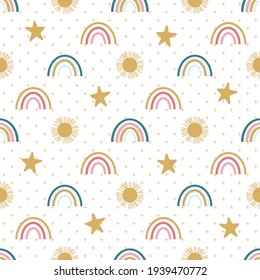 Colorful Diagonal Rainbow, Stars, and Suns Seamless Pattern Background