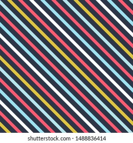 Colorful diagonal stripes flat seamless pattern. Fashionable vintage texture. Multicolor angled lines decorative background. Minimalistic wallpaper, wrapping paper, textile retro design