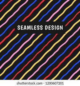 Colorful diagonal wavy stripes, doodle style waves, uneven lines seamless pattern. Dynamic hand drawn winding lines, tilted streaks, strips, bars background. Multicolored modern flat style texture. 