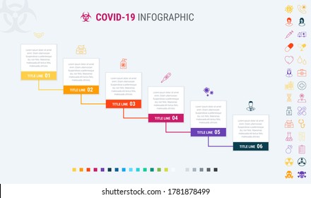 Colorful diagram of covid-19 infographic template. Timeline with 6 options. Coronavirus workflow schedule. Vector design. Many additional icons.