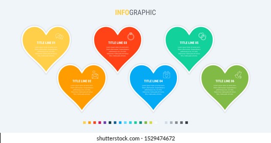 Colorful diagram, infographic template. Timeline with 6 hearts. Modular workflow process for love holidays. Vector design.