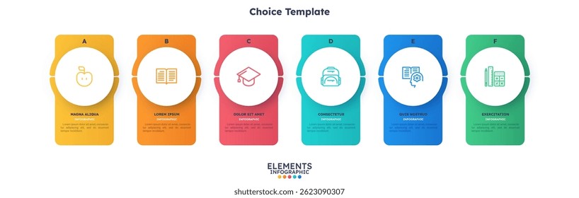 Colorful diagram template for education and science. Choice banner for a presentation. Business informational chart. Infographic with six options, steps for marketing