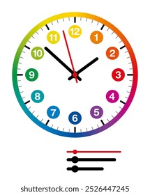 Colorful dial of a kids watch. Rainbow colored, circular, analog clock face with bold numbers for hours, a division into minutes, hands for hours, minutes, and seconds, and with an extra set of hands.