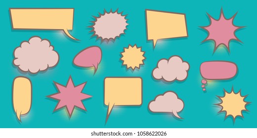 Colorful dialog empty cloud for comic text. Colored announced speech balloon comics book sketch explosion. Set hand drawn blank template funny speech bubbles halftone dot background style pop art.