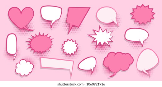 Colorful dialog empty cloud for comic text. Colored announced speech balloon comics book sketch explosion. Set hand drawn blank template funny speech bubbles halftone dot background style pop art.