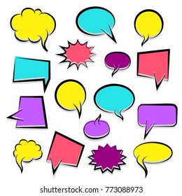 Colorful dialog empty cloud, space text pop-art. Colored idea conversation comics book sketch explosion. Set hand drawn blank template comic speech bubbles halftone dot background style pop art.