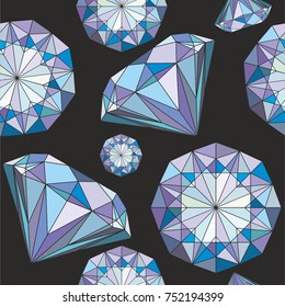Colorful Diamond Crystals Vector Seamless Pattern Jewelry Texture on Black Background