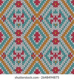 Colorful diamond knit pattern with teal, orange, red, and white yarns. Ideal for cozy winter fabrics, sweater designs, and seamless textile printing projects.