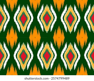 A Colorful diamond pattern with green background, orange, red, and white accents creates vibrant and lively design. Perfect for textiles or wallpapers