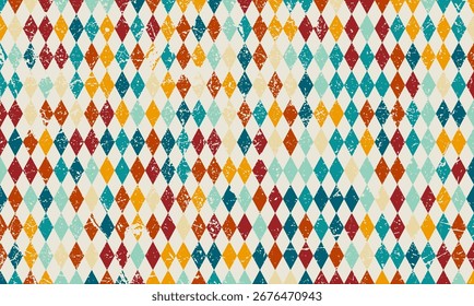 Colorful diamond pattern with vintage distressed texture, perfect for retro design, geometric projects, textiles, and decorative backgrounds.
