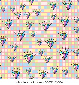 Patrón sin soldadura de diamante colorido sobre fondo blanco. Diseño de impresión de papel. Ilustración de vector retro abstracta. Tejidos, tejidos, envolturas a la moda. Decoración moderna del espacio.