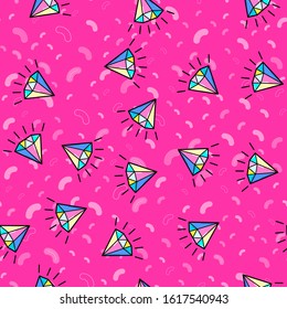 Padrão de diamante colorido sem emenda no fundo branco. Design de impressão de papel. Ilustração abstrata do vetor retro. Têxteis, tecidos, embalagens modernas. Moderna decoração espacial.