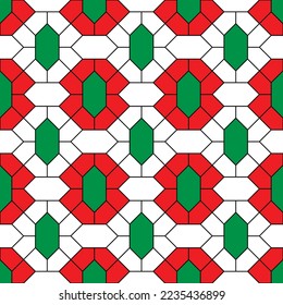 Forma de diamante colorida y patrón de línea diagonal sobre fondo rojo y verde. Línea diagonal vinculada y forma hexágona. Patrón de entramado multicolor sobre fondo verde. Resumen de Navidad de fondo.