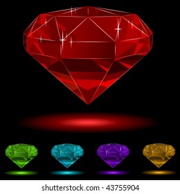 Colorful diamond vector set isolated on black background.
