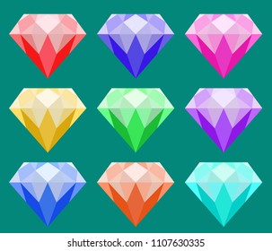 colorful diamond vector set, red, blue, purple, pink, yellow, green and orange