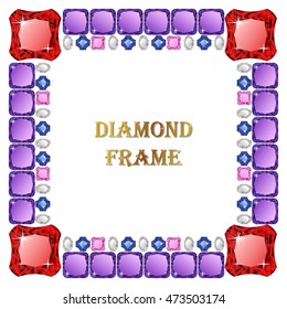 Colorful Diamonds square frame. Vector illustration jewelry. Abstract border on white background.