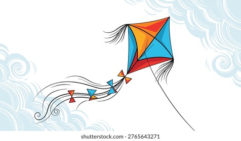 Colorful diamond-shaped kite with a long tail flying against a backdrop of soft blue clouds in a classic and cheerful vector design.