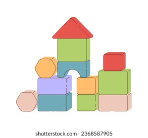 Colorful dices castle concept. Building from geometric shapes for kids. Fun and leisure for children. Template, layout and mock up. Cartoon flat vector illustration isolated on white background