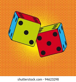 colorful dices over orange background,pop art. vector illustration