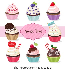 Colorful and different cupcakes with sweet time written in the middle isolated in white