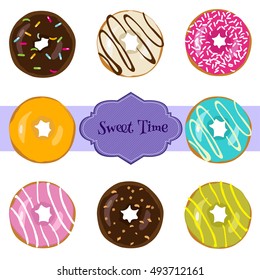 Colorful and different donuts with sweet time written in the middle isolated in white