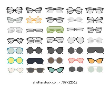 Colorful different eyeglasses and sunglasses set on white.