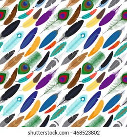 Colorful different feathers seamless background. Vector illustration