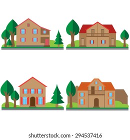 Colorful different flat houses set. Vector illustrations.
