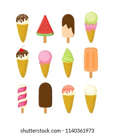 Colorful different ice cream collection vector illustration isolated on white background.